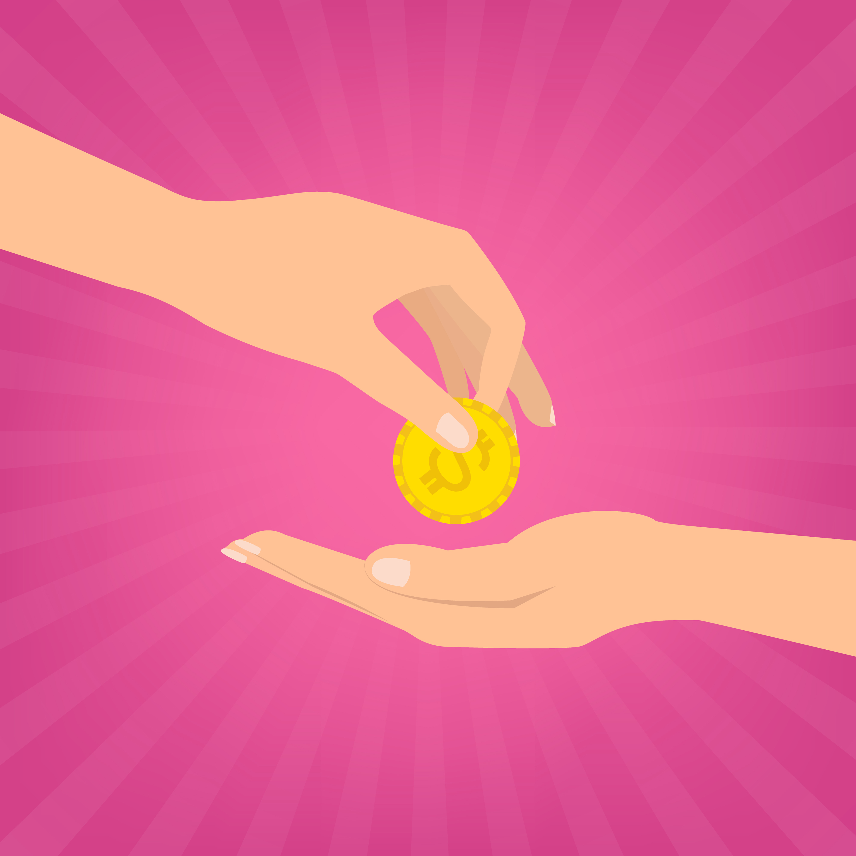 Human hand putting money coins to hand for donate on pink sunray background. Flat design vector illustration donate money concept.