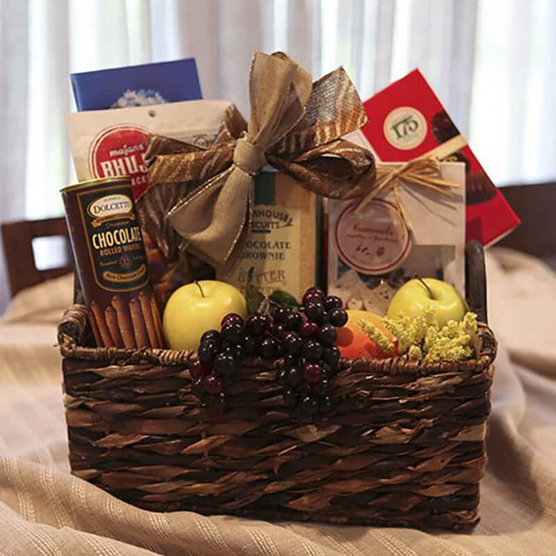 Gift basket contain dried fruits, nuts