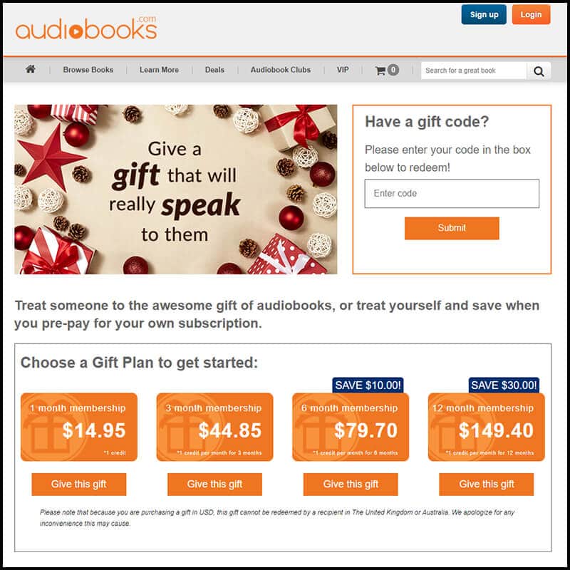 Audiobooks gift plan subscription page
