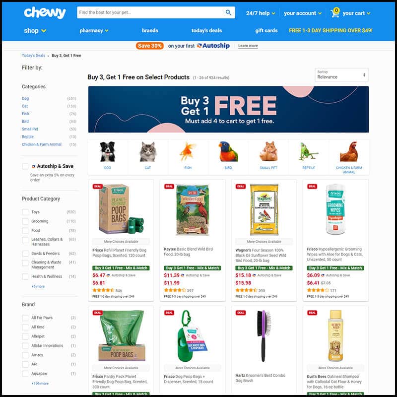Chewy.com Buy 3, Get 1 Free on Select products page