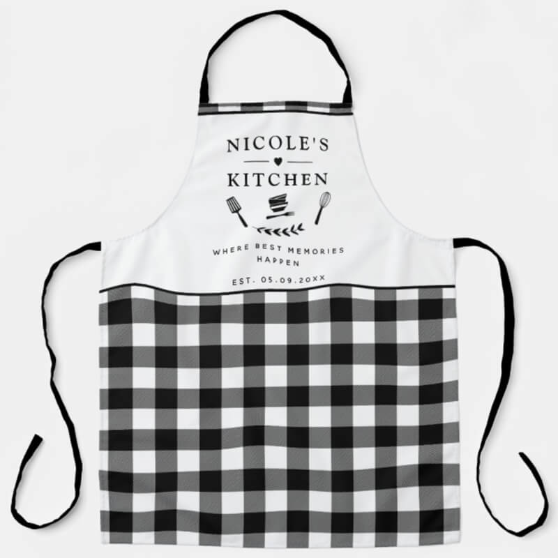 black and white checkered apron