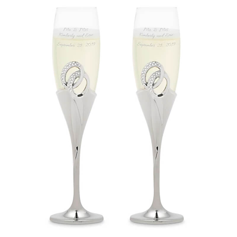 Toasting flutes 2 silver wedding bands with crystal accents