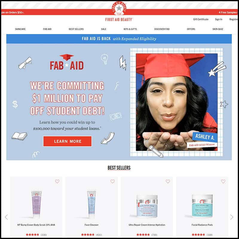 First Aid Beauty home page screenshot