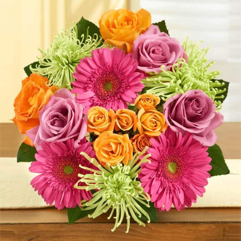 cheerful mix of roses, spray roses, Gerbera daisies, and Fuji