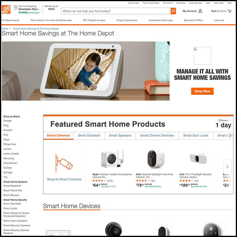 Home Depot Featured smart home product page