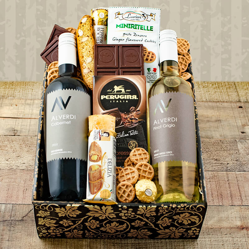 Gift Basket with bottle of white and red wine
