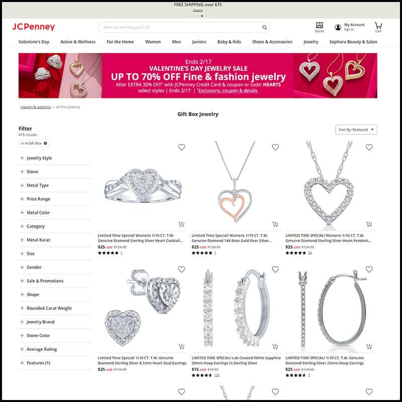 JCPenney valentines gift box jewelry page
