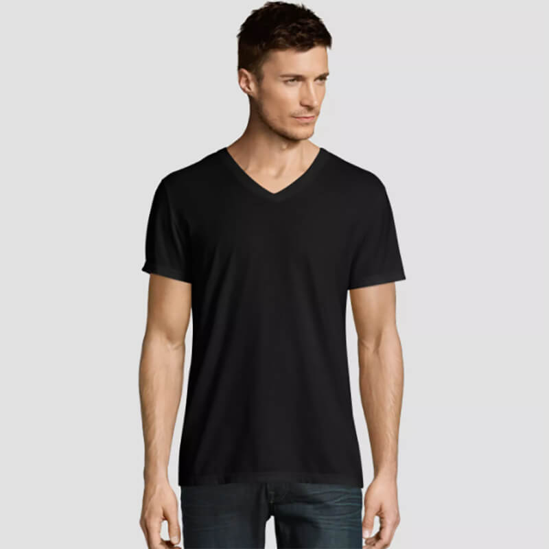 Man wearing black v-neck t-shirt