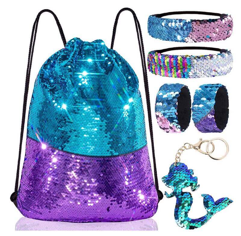 Reversible blue and pink sequin drawstring backpack