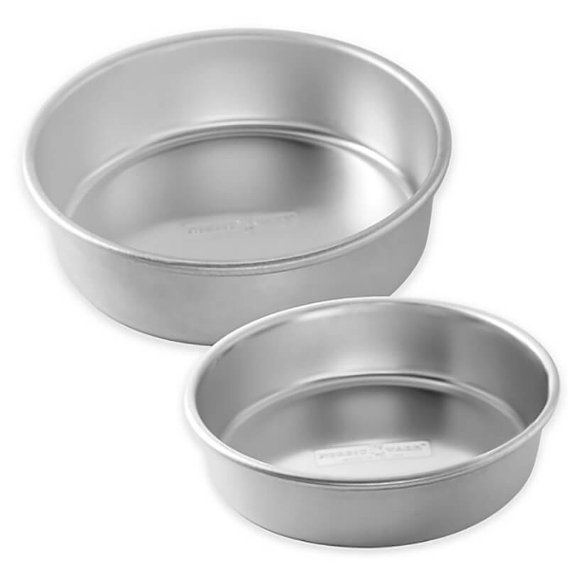 two stainless round cake pans