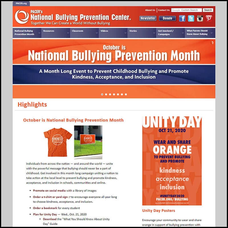 PACER National Bullying Prevention Center home page
