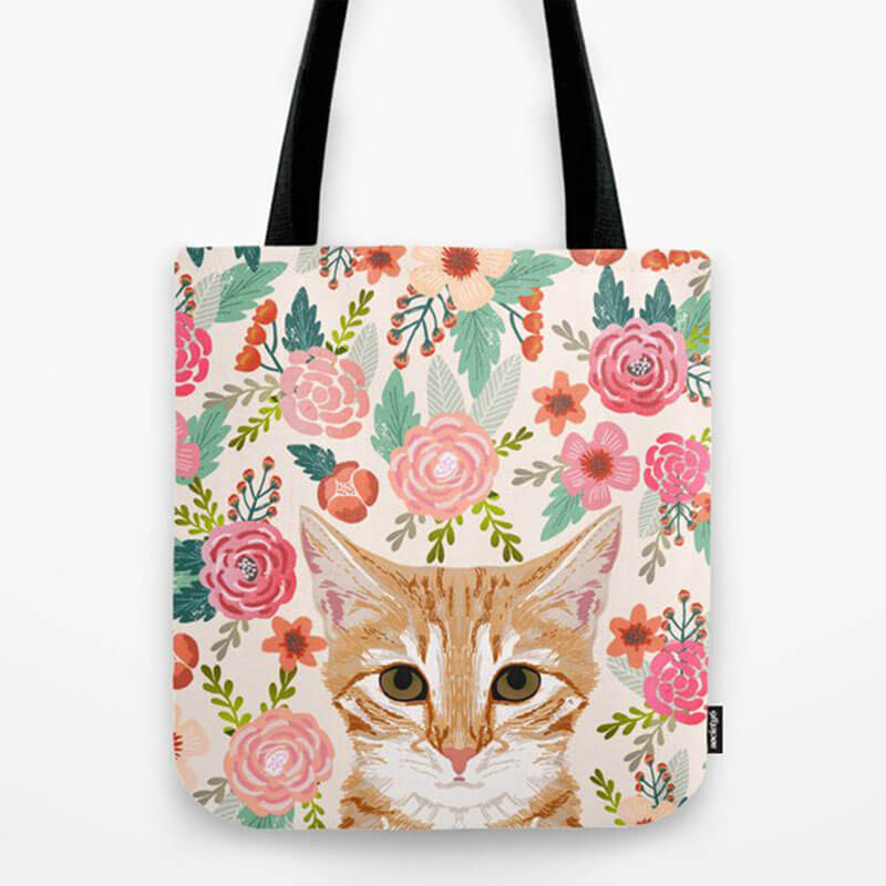 Floral cat printed tote bag