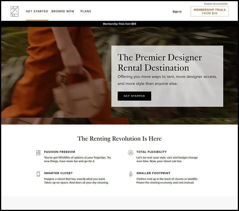 Screenshot of rent the Runway home site