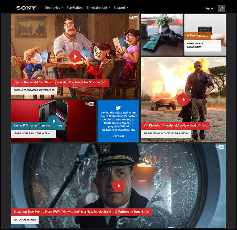 Screenshot of Sony home site