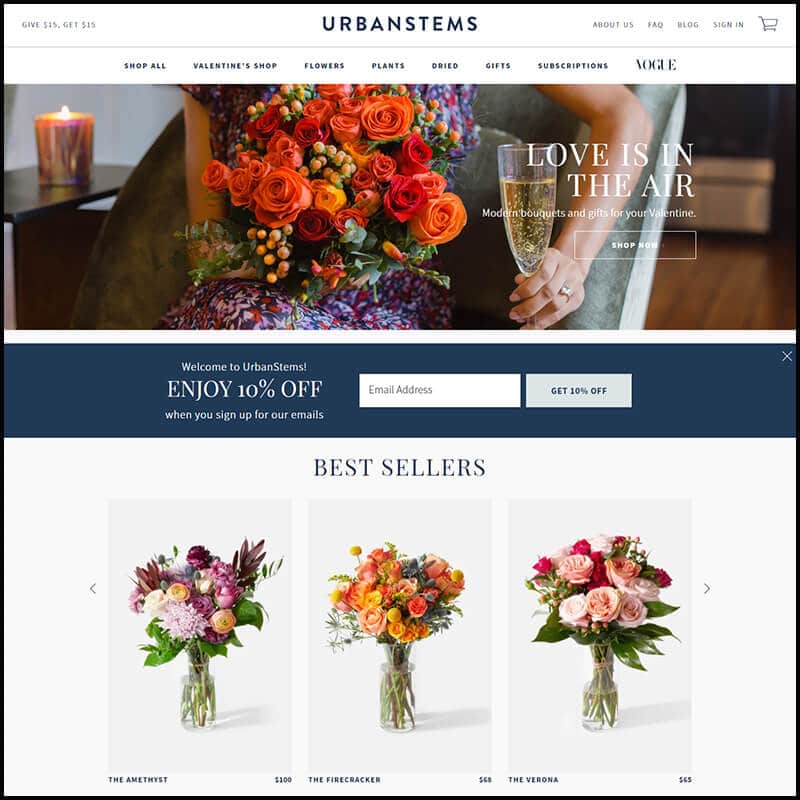 Urban Stems best sellers of flowers page